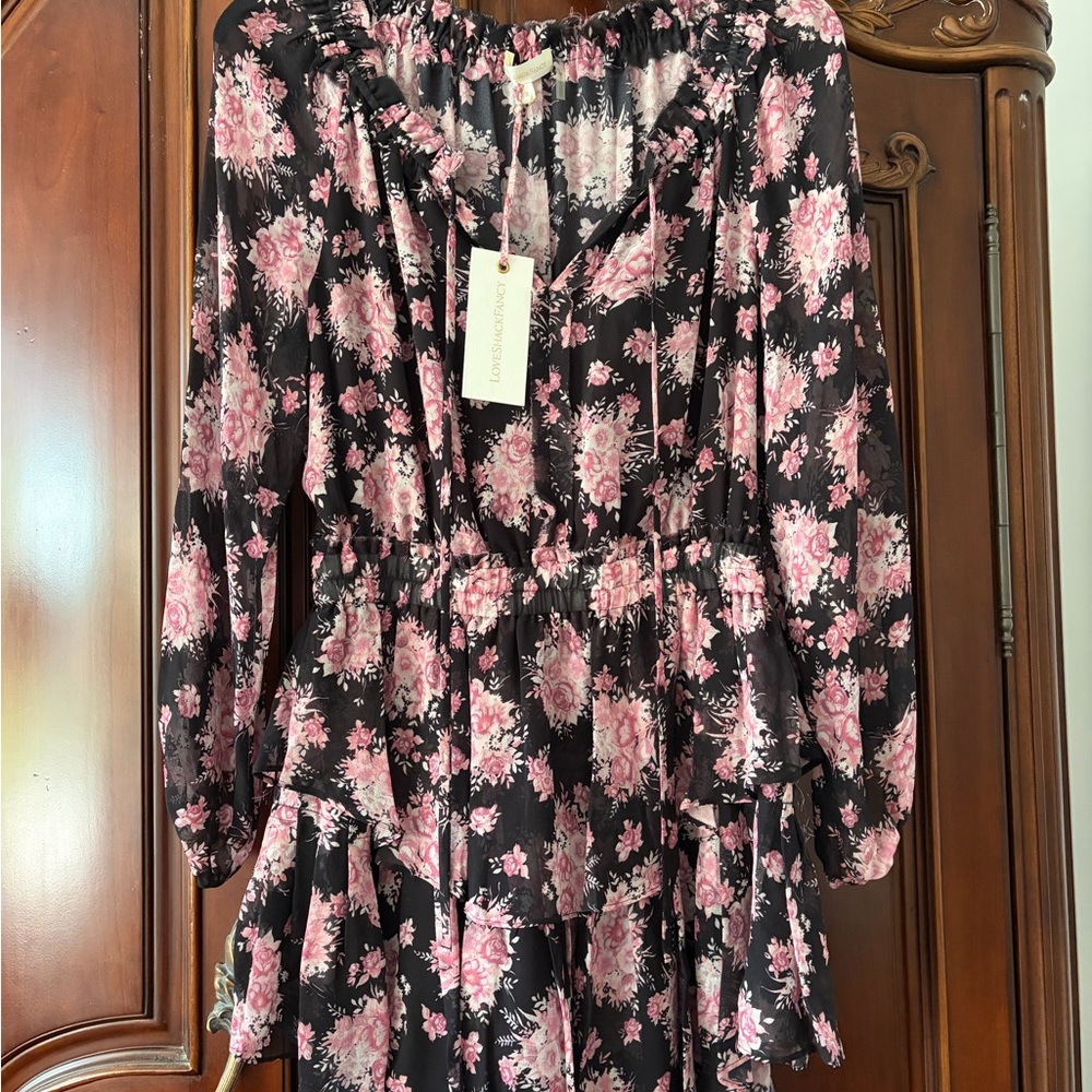 LoveShackFancy Floral Mini Dress in Black and Pink